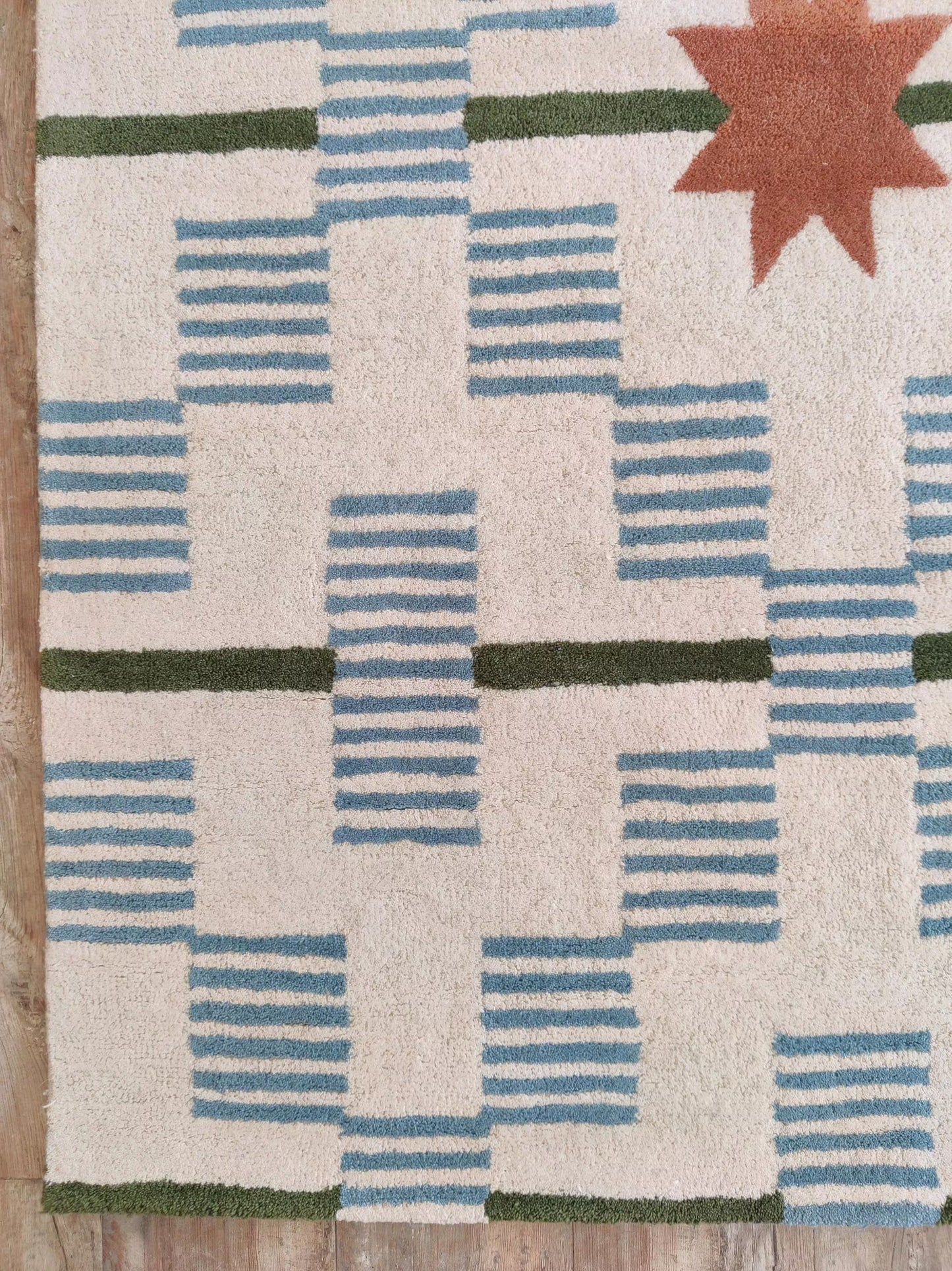 Celestial Star & Stripe Geometric Design Modern Blue and Terracotta Area Carpet
