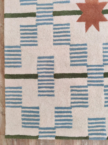 Celestial Star & Stripe Geometric Design Modern Blue and Terracotta Area Carpet