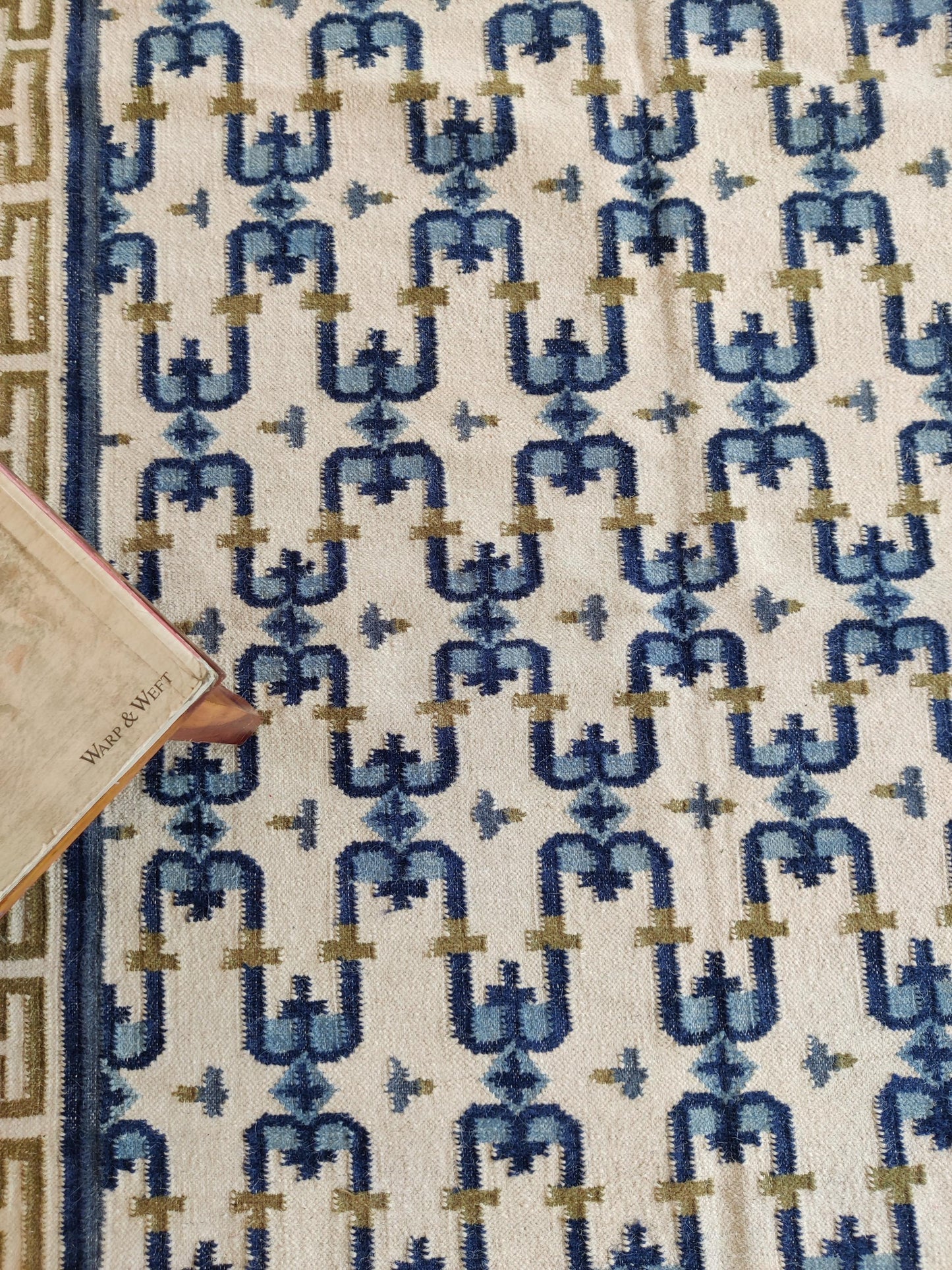 Navy Olive Patterned Dhurrie with Greek Key Border wool rug