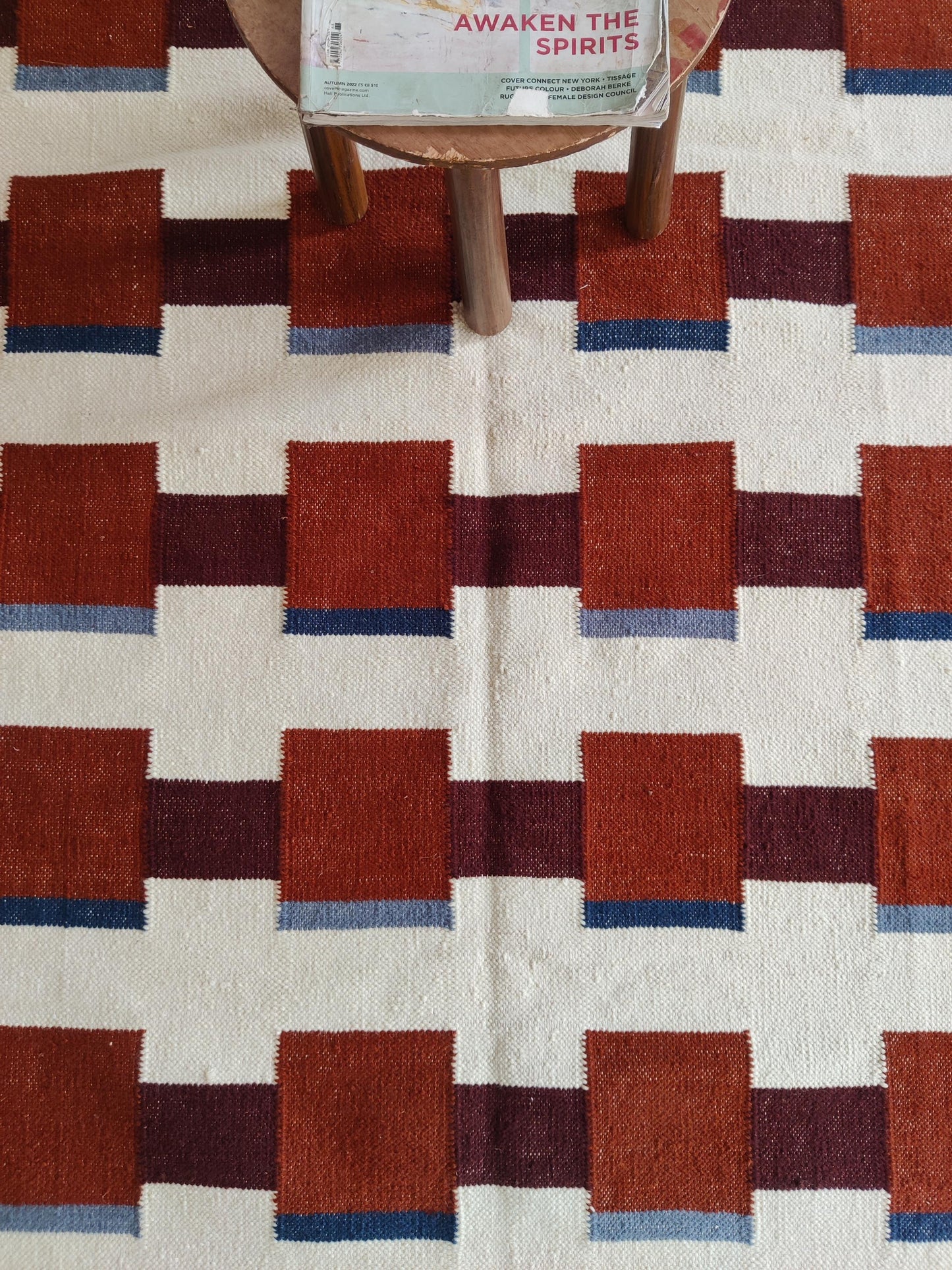 Modern Geometric Terracotta Square Pattern Handwoven Rug