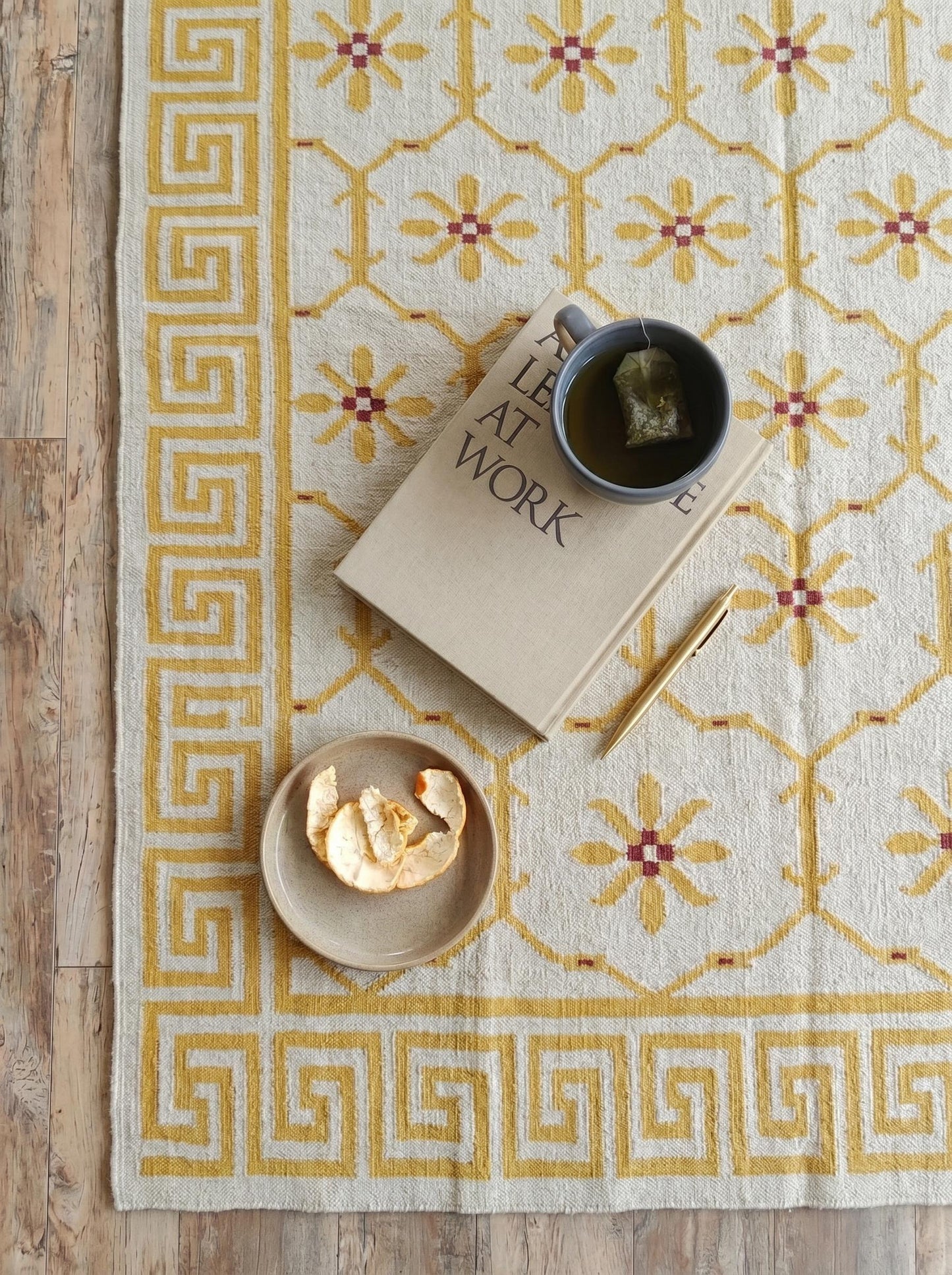 Yellow Greek Key Blossom Border Kilim Custom Size rug
