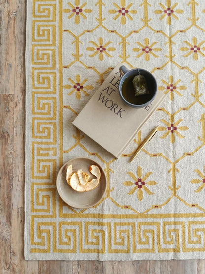 Yellow Greek Key Blossom Border Kilim Custom Size rug