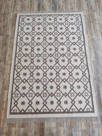 Earth Brown Clover Trellis Brown & Cream Wool Cotton Dhurrie Rug