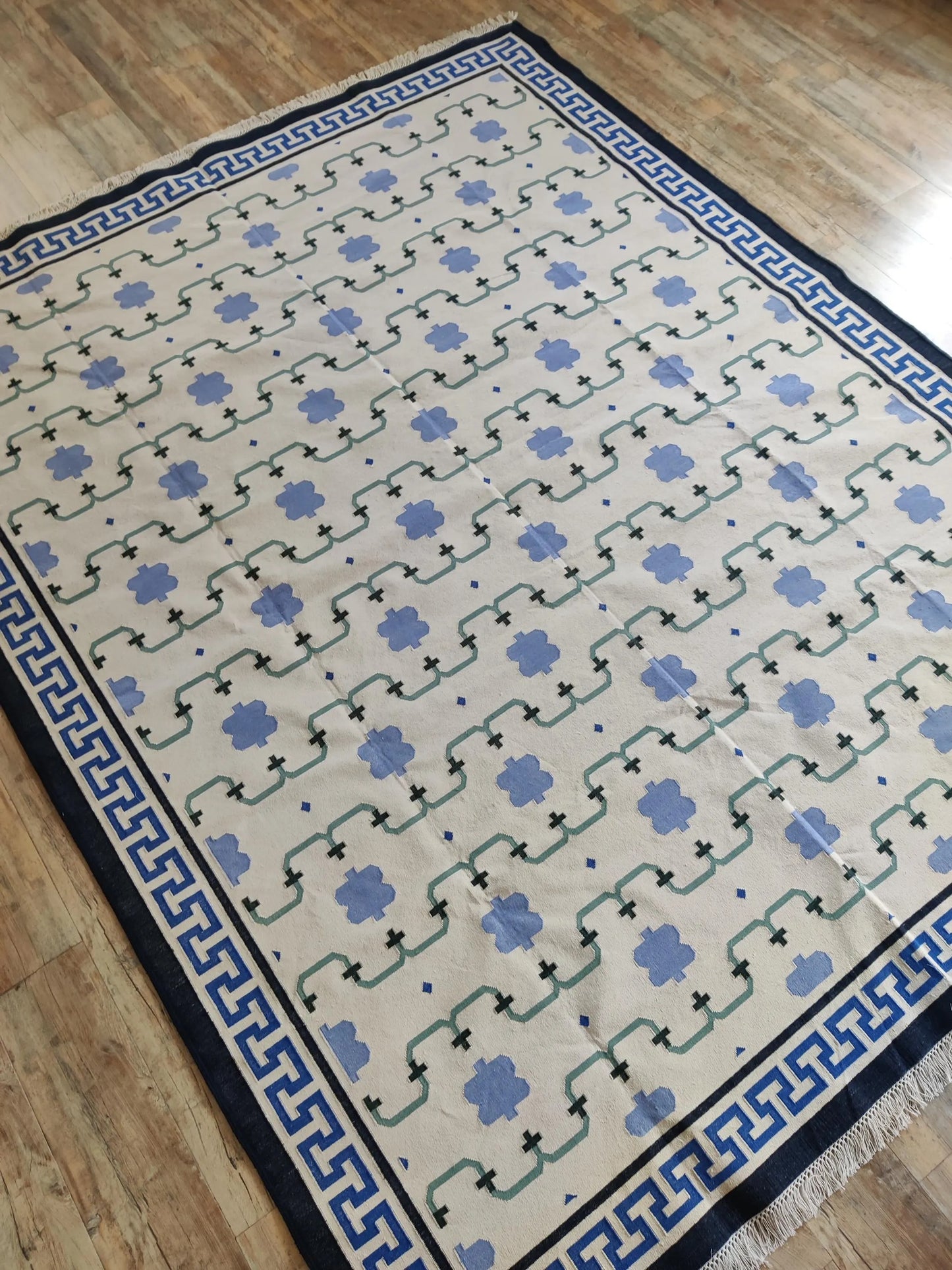 Marrakesh Meande Blue Greek Key Border Dhurrie