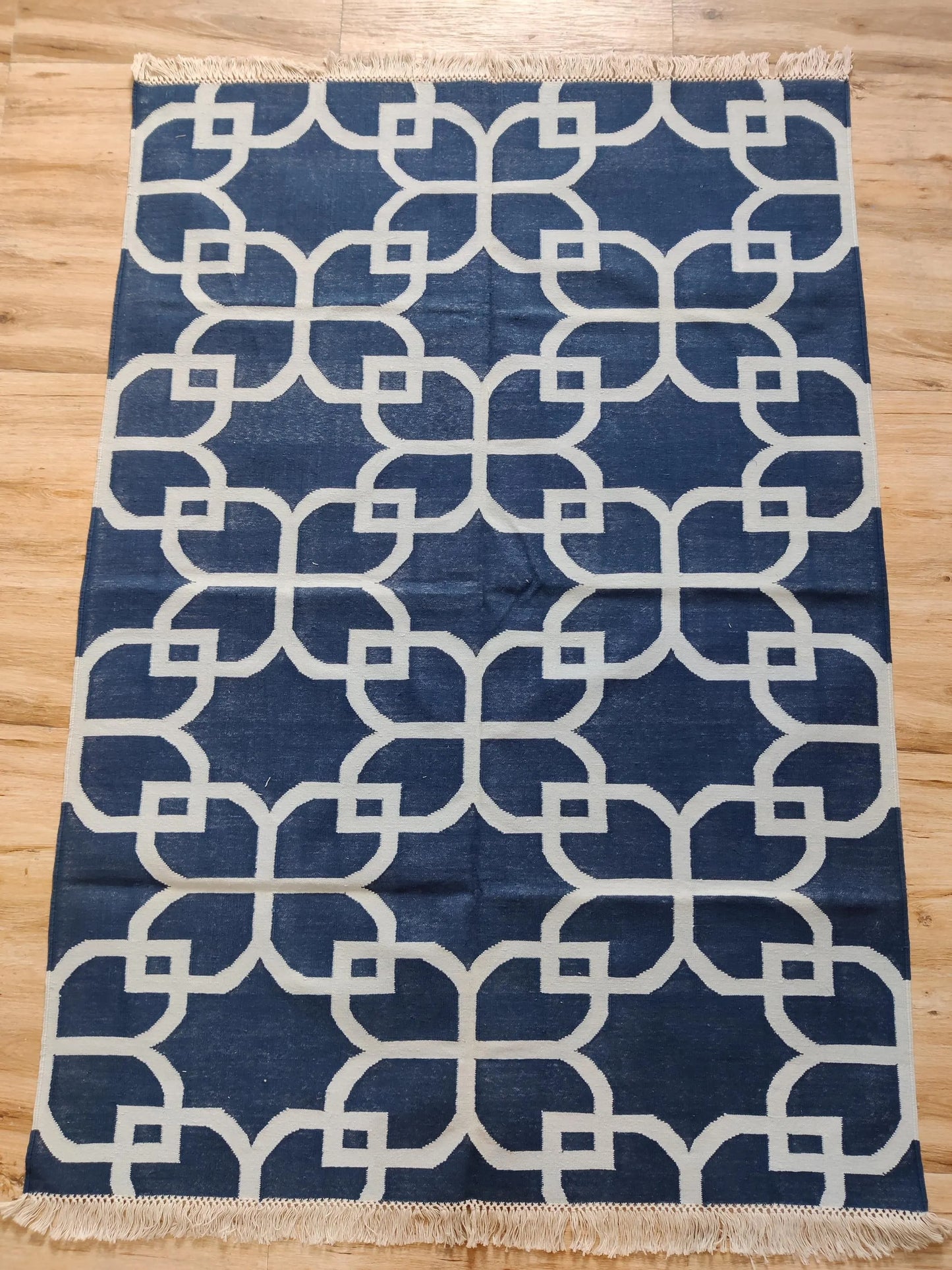 Nautical Navy Trellis Hand-Woven Petal Lattice Dhurrie