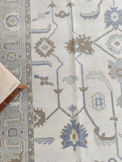 Soft Slate and Cream Hand-Knotted Botanical Rug