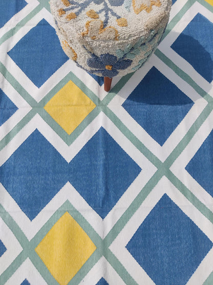 Modern Azure & Canary Yellow Geometric Cotton Flatweave Rug