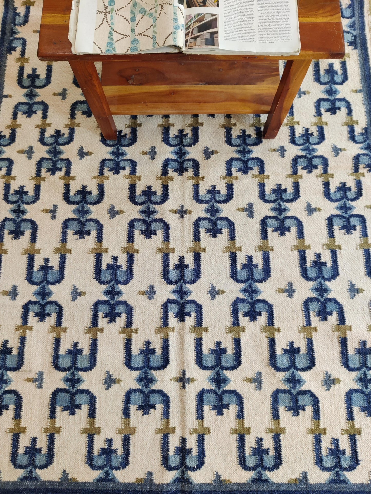 Navy Olive Patterned Dhurrie with Greek Key Border wool rug