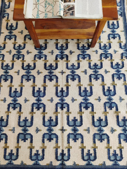 Navy Olive Patterned Dhurrie with Greek Key Border wool rug