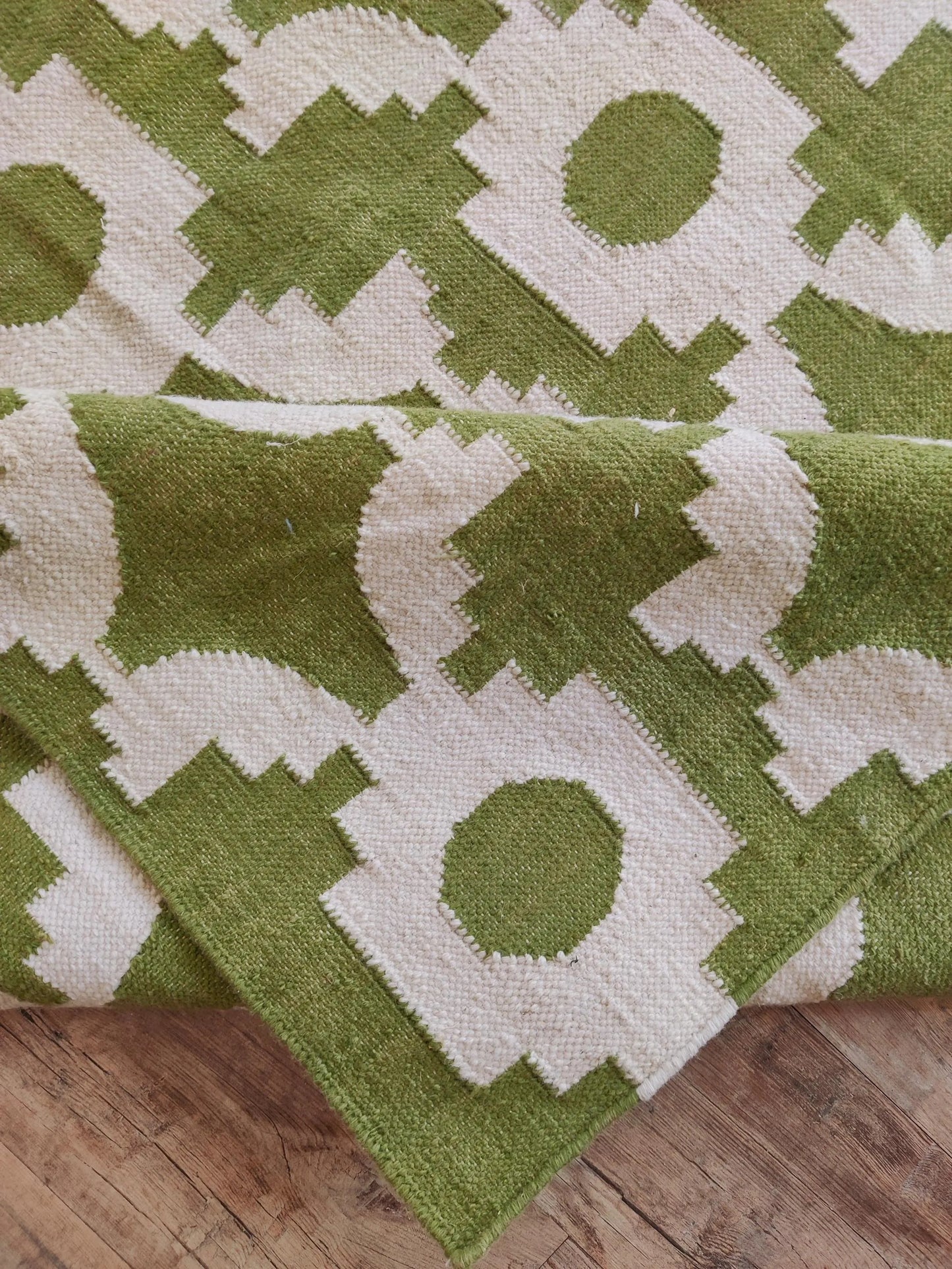 Moss Optical Maze Lime Green & Cream Wool Cotton Dhurrie Rug