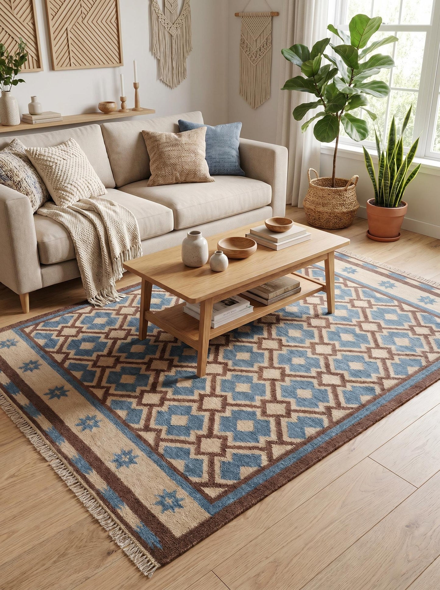 Indigo Starburst Lattice Earth Brown & Beige Cotton Wool Dhurrie