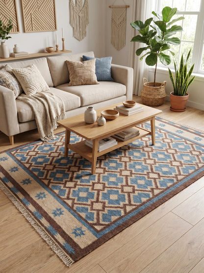 Indigo Starburst Lattice Earth Brown & Beige Cotton Wool Dhurrie