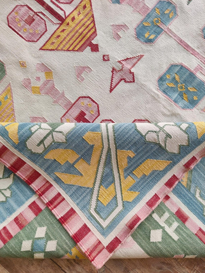 Pastel Geometric Folk Art Handwoven Cotton Flatweave Rug