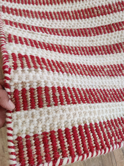 Linear Striped Pattern Dhurrie | Rust Red & Cream Artisan Home Decor