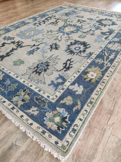 Azure Bloom Transitional Oushak Rug in Indigo Blue and Cream