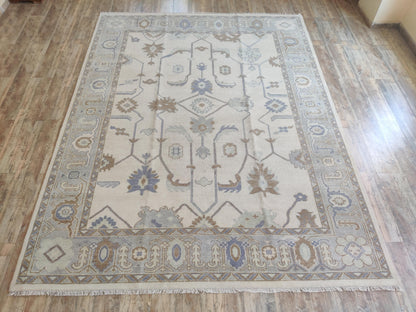 Soft Slate and Cream Hand-Knotted Botanical Rug