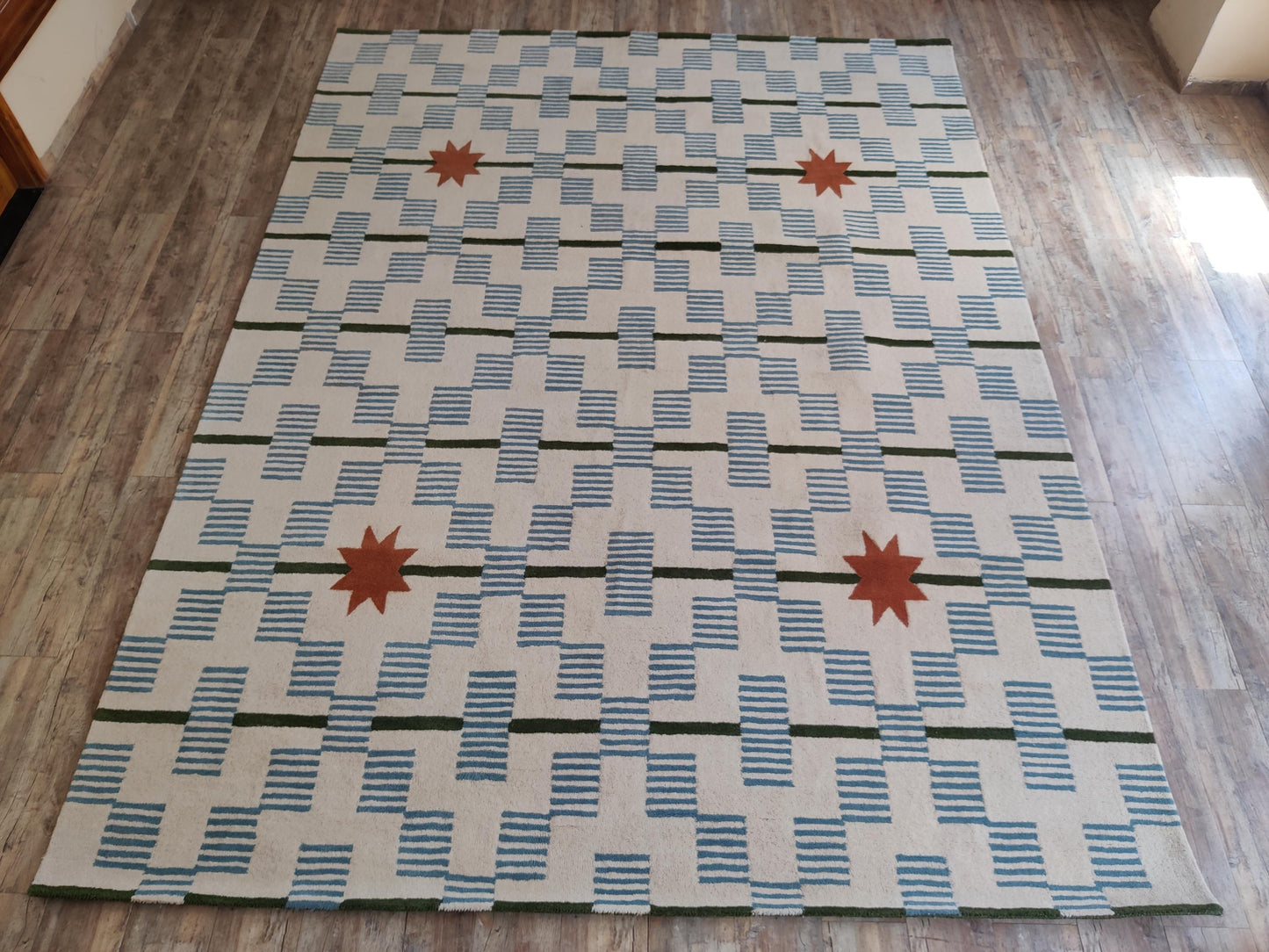 Celestial Star & Stripe Geometric Design Modern Blue and Terracotta Area Carpet