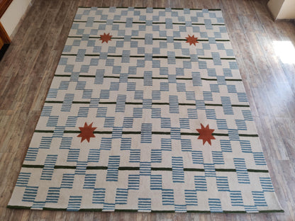 Celestial Star & Stripe Geometric Design Modern Blue and Terracotta Area Carpet