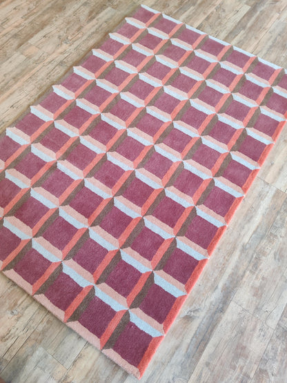 Abstract Red Orb & Checkered Pattern Thick Plush Pile Designer Carpet