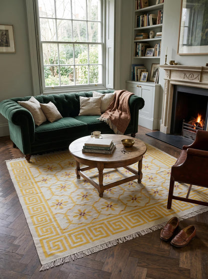 Yellow Greek Key Blossom Border Kilim Custom Size rug