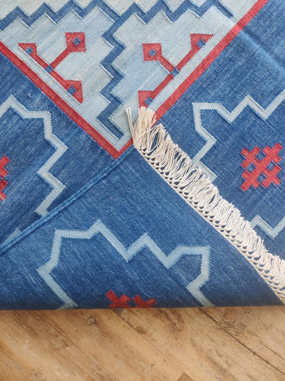 Cobalt Blue Flat Weave Carpet, Southwestern Eye Dazzler Lodge Dhurrie Rug