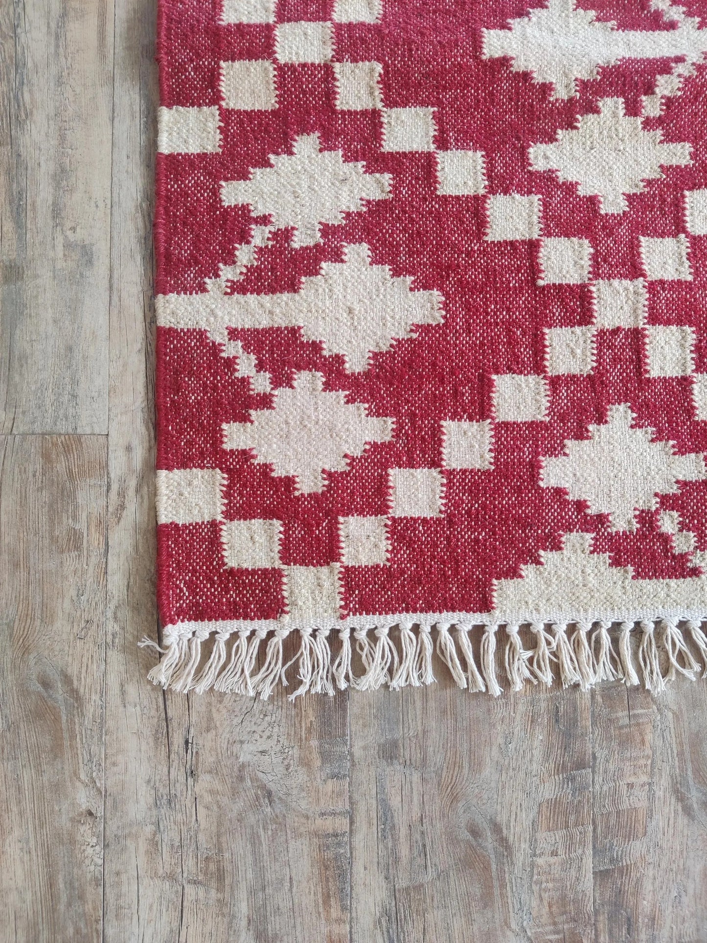 Handmade Red & White Geometric Rug
