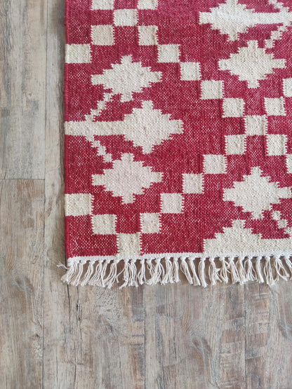 Handmade Red & White Geometric Rug