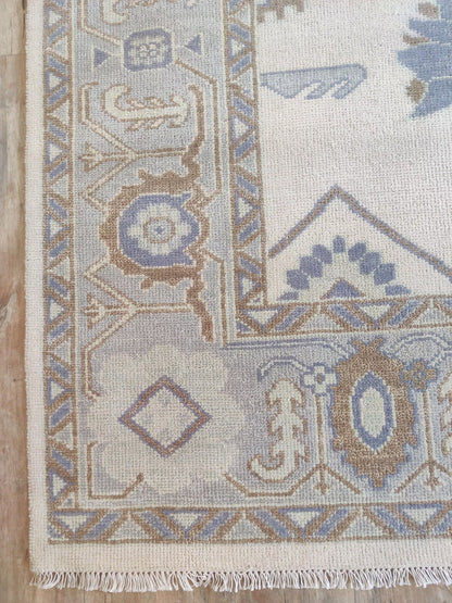 Soft Slate and Cream Hand-Knotted Botanical Rug