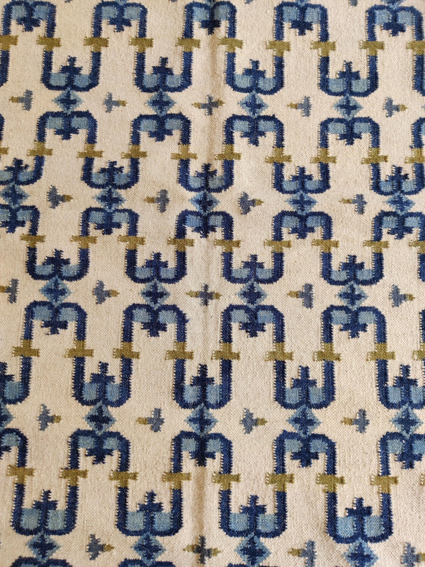 Navy Olive Patterned Dhurrie with Greek Key Border wool rug