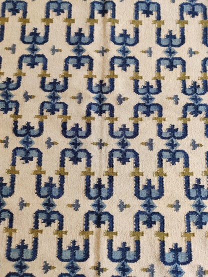 Navy Olive Patterned Dhurrie with Greek Key Border wool rug