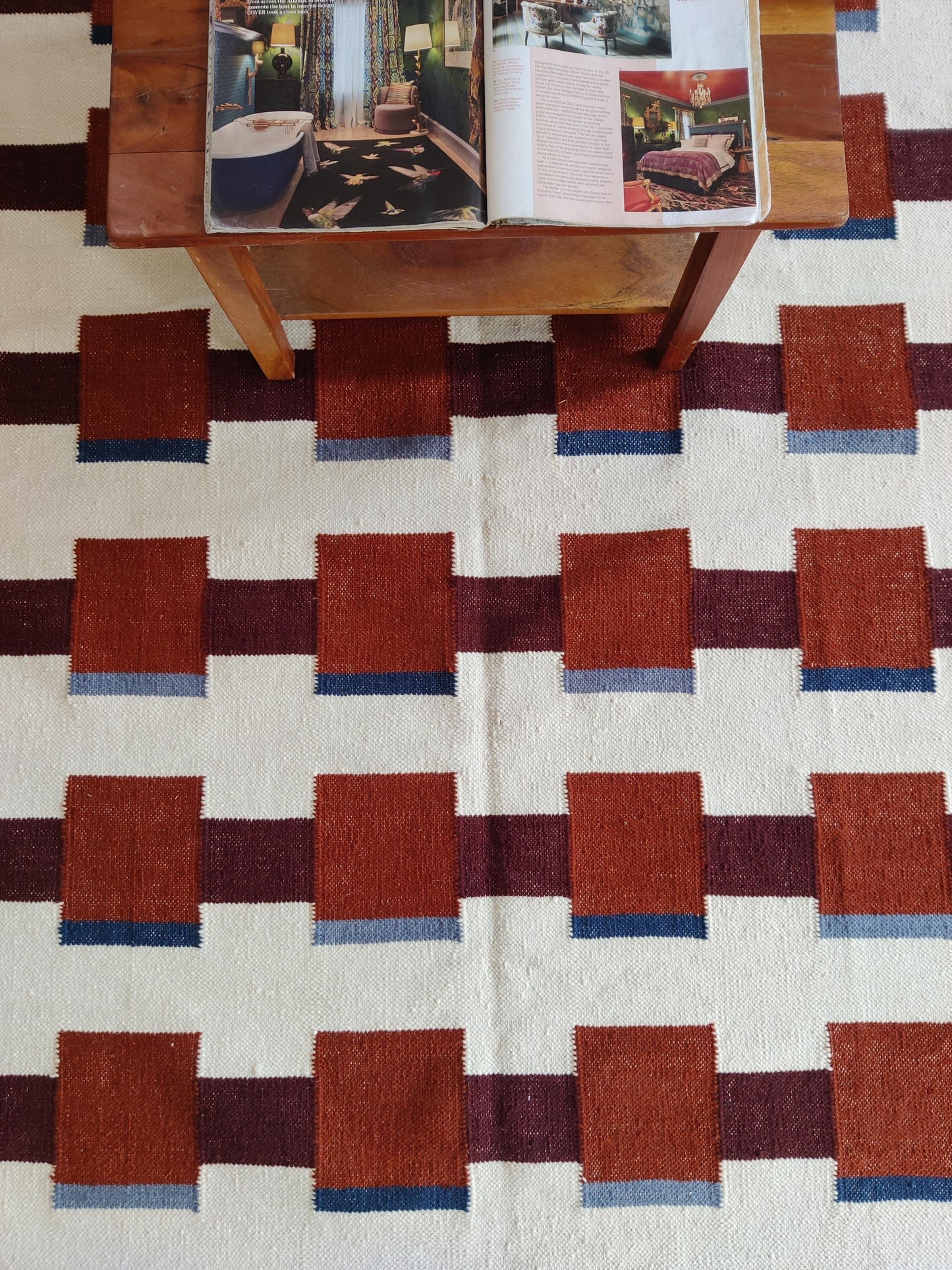 Modern Geometric Terracotta Square Pattern Handwoven Rug