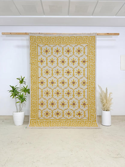 Yellow Greek Key Blossom Border Kilim Custom Size rug