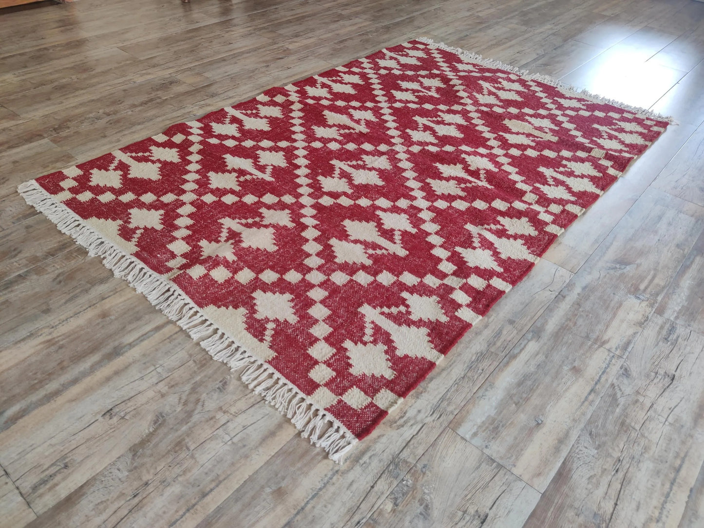 Handmade Red & White Geometric Rug