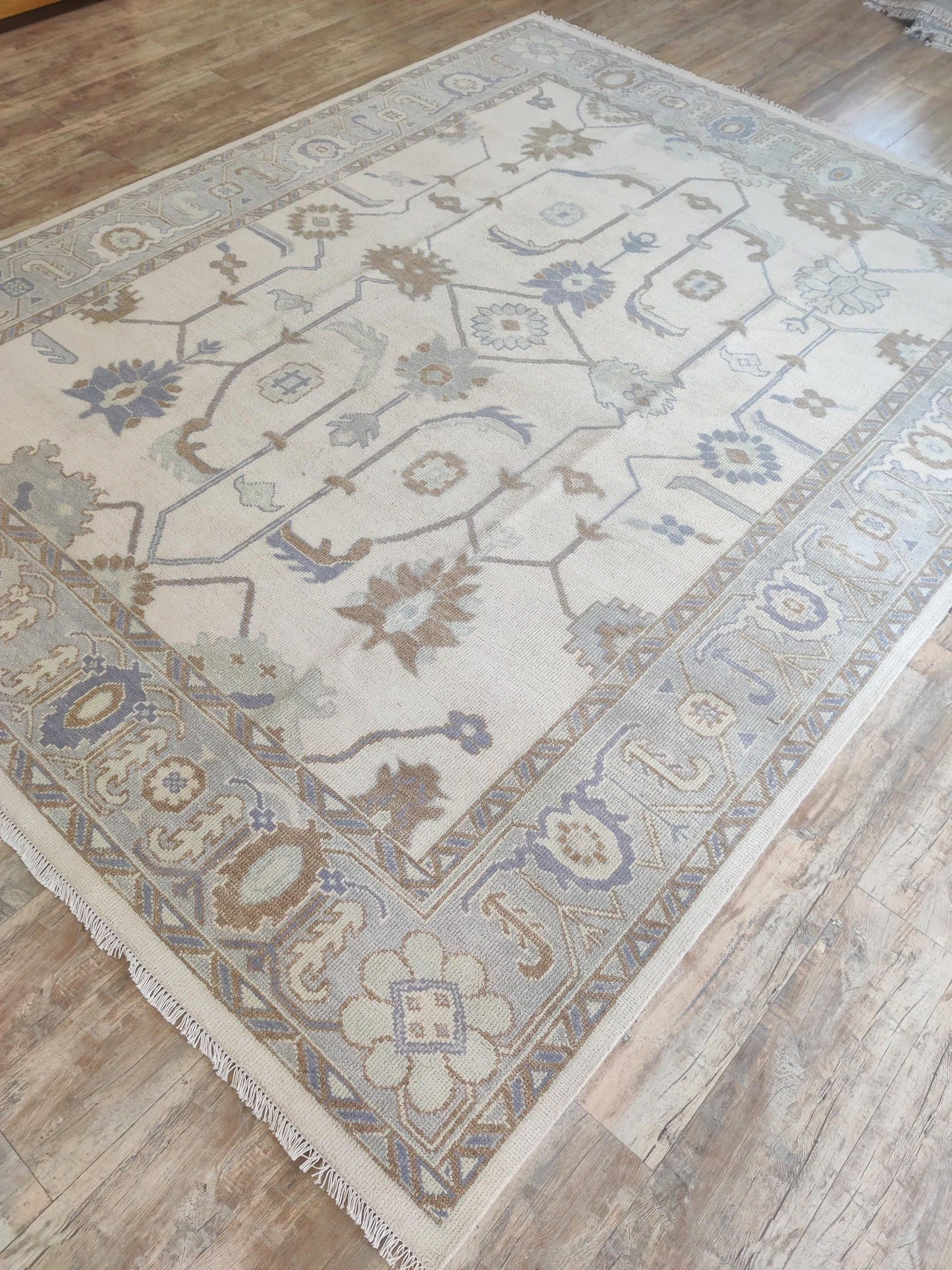 Soft Slate and Cream Hand-Knotted Botanical Rug