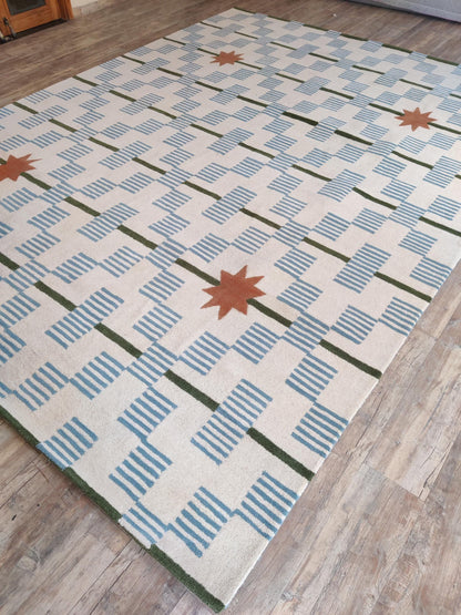 Celestial Star & Stripe Geometric Design Modern Blue and Terracotta Area Carpet