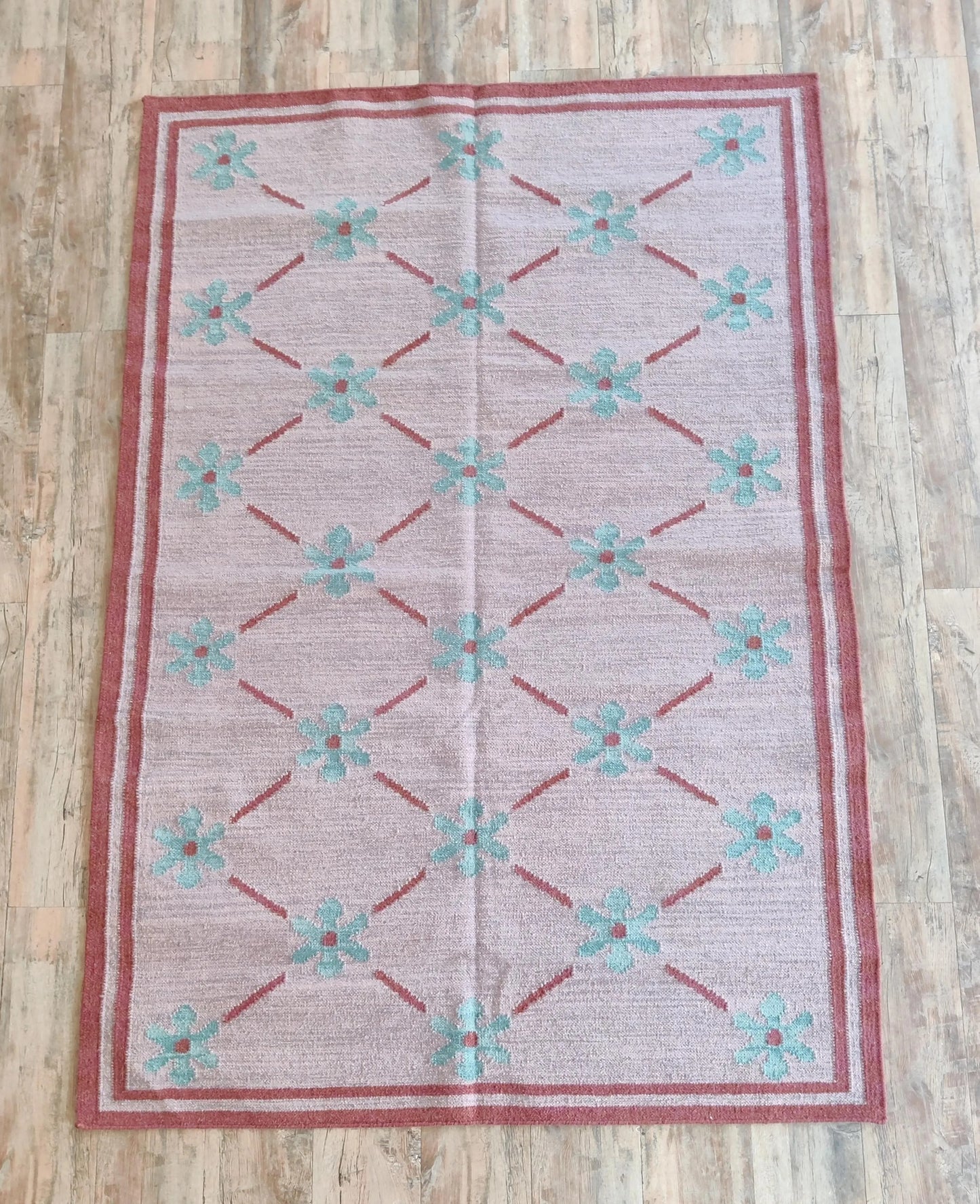 Blush Meadow Pastel Pink and Mint Floral Wool Cotton Dhurrie Rug