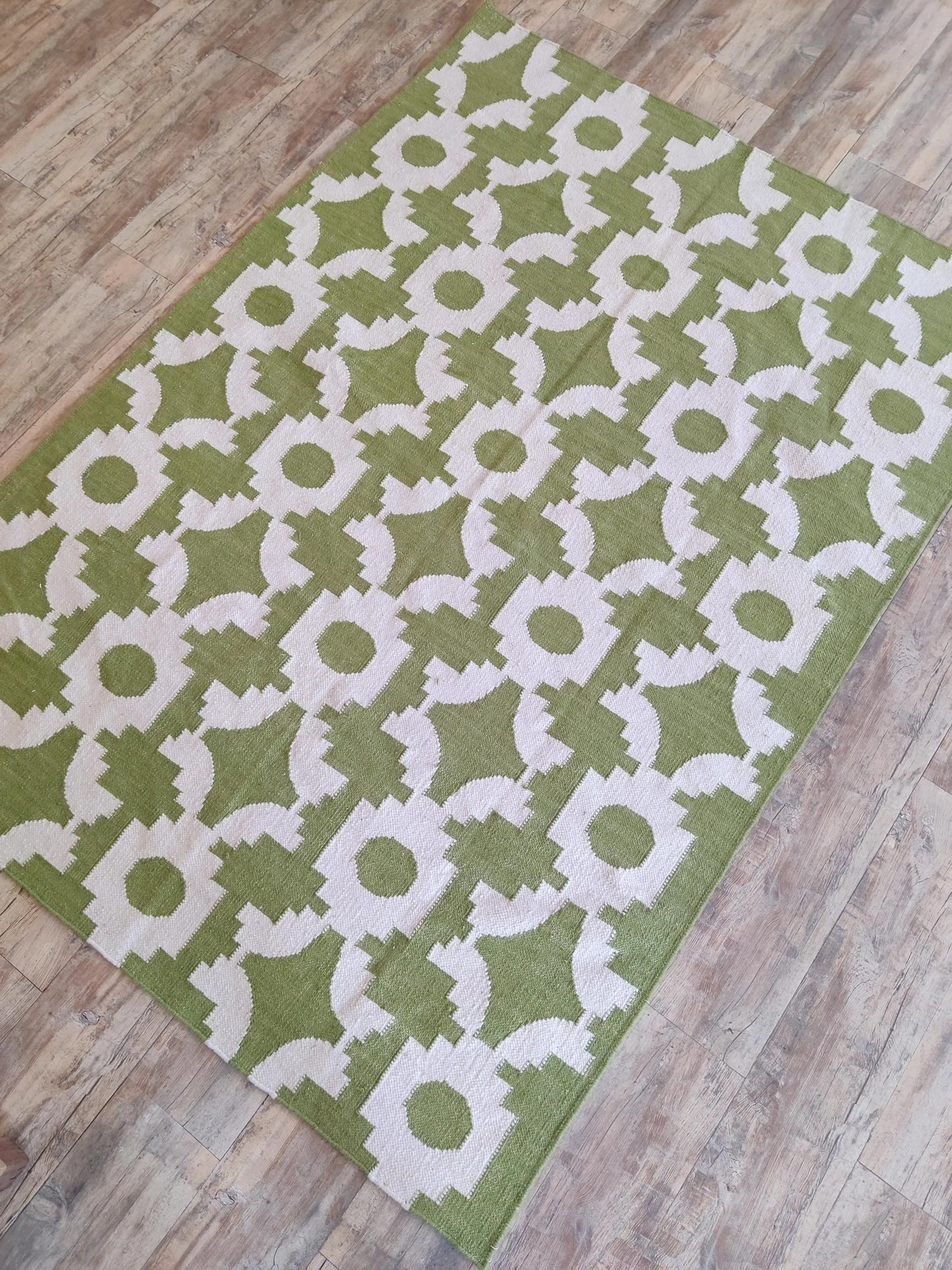 Moss Optical Maze Lime Green & Cream Wool Cotton Dhurrie Rug