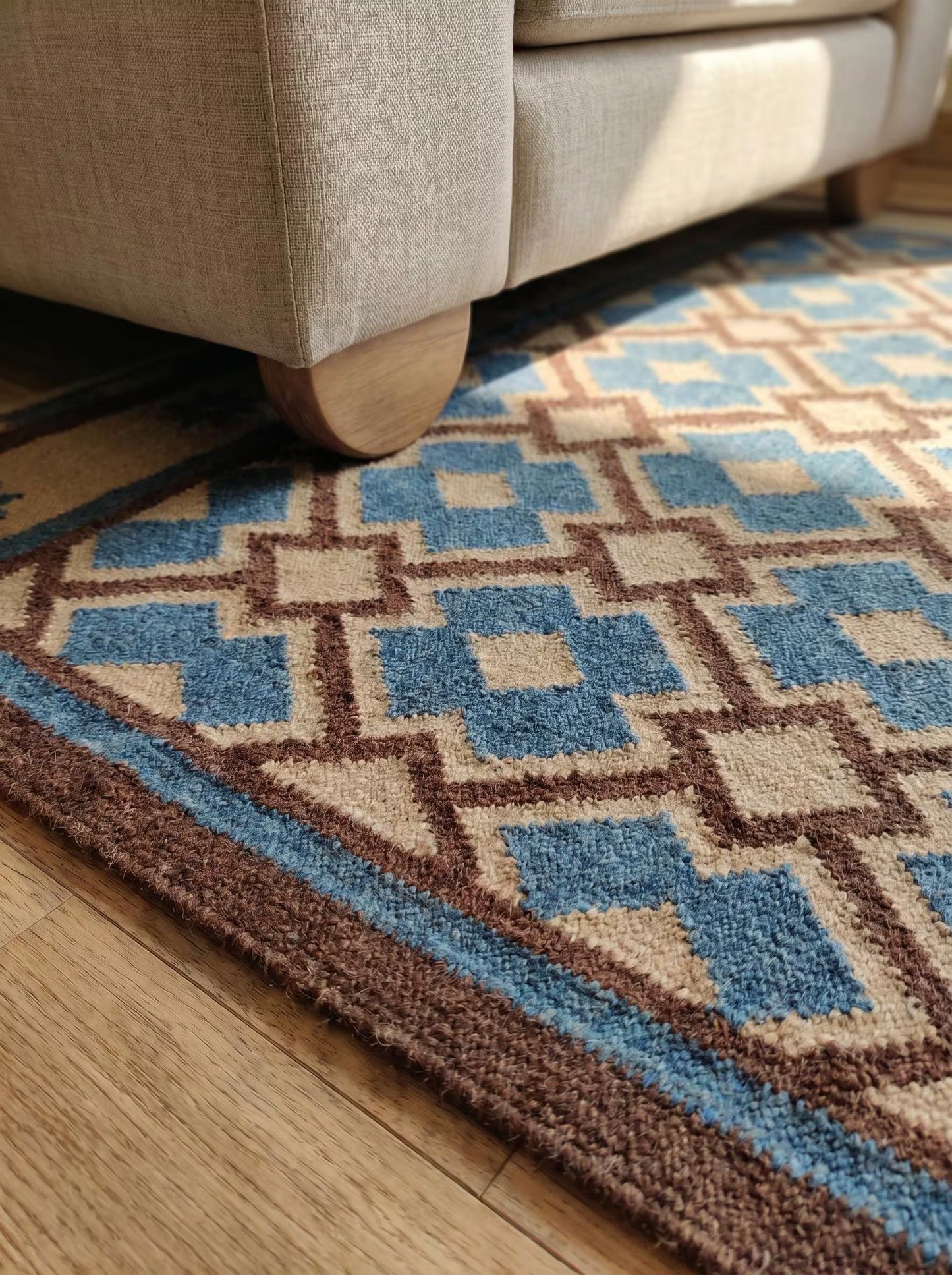 Indigo Starburst Lattice Earth Brown & Beige Cotton Wool Dhurrie
