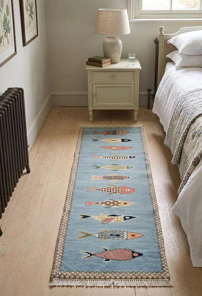 Hallway Runner Rug Blue Fish Pattern Oushak, Handmade Wool Animal Motif Stair runner rug