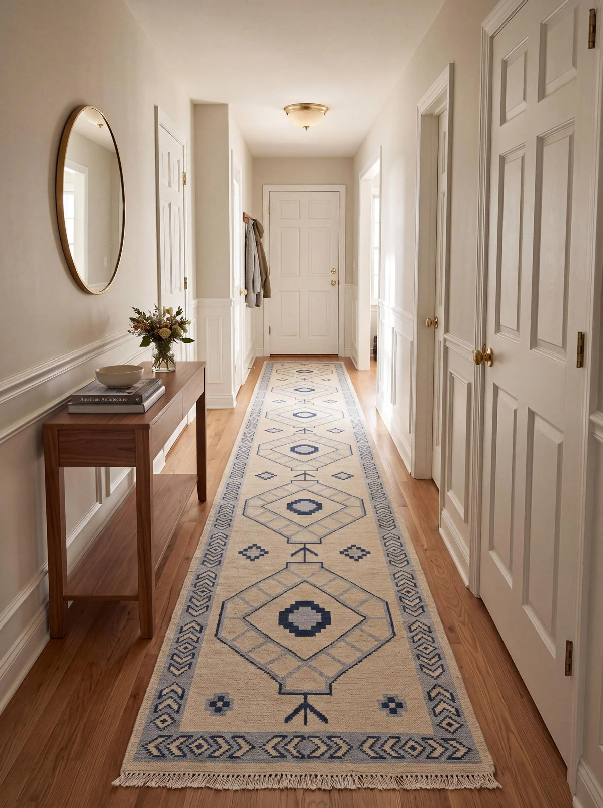 Oushak Vintage Style Runner, Blue Ivory Kitchen Handmade Turkish Runner Rug