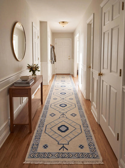 Oushak Vintage Style Runner, Blue Ivory Kitchen Handmade Turkish Runner Rug