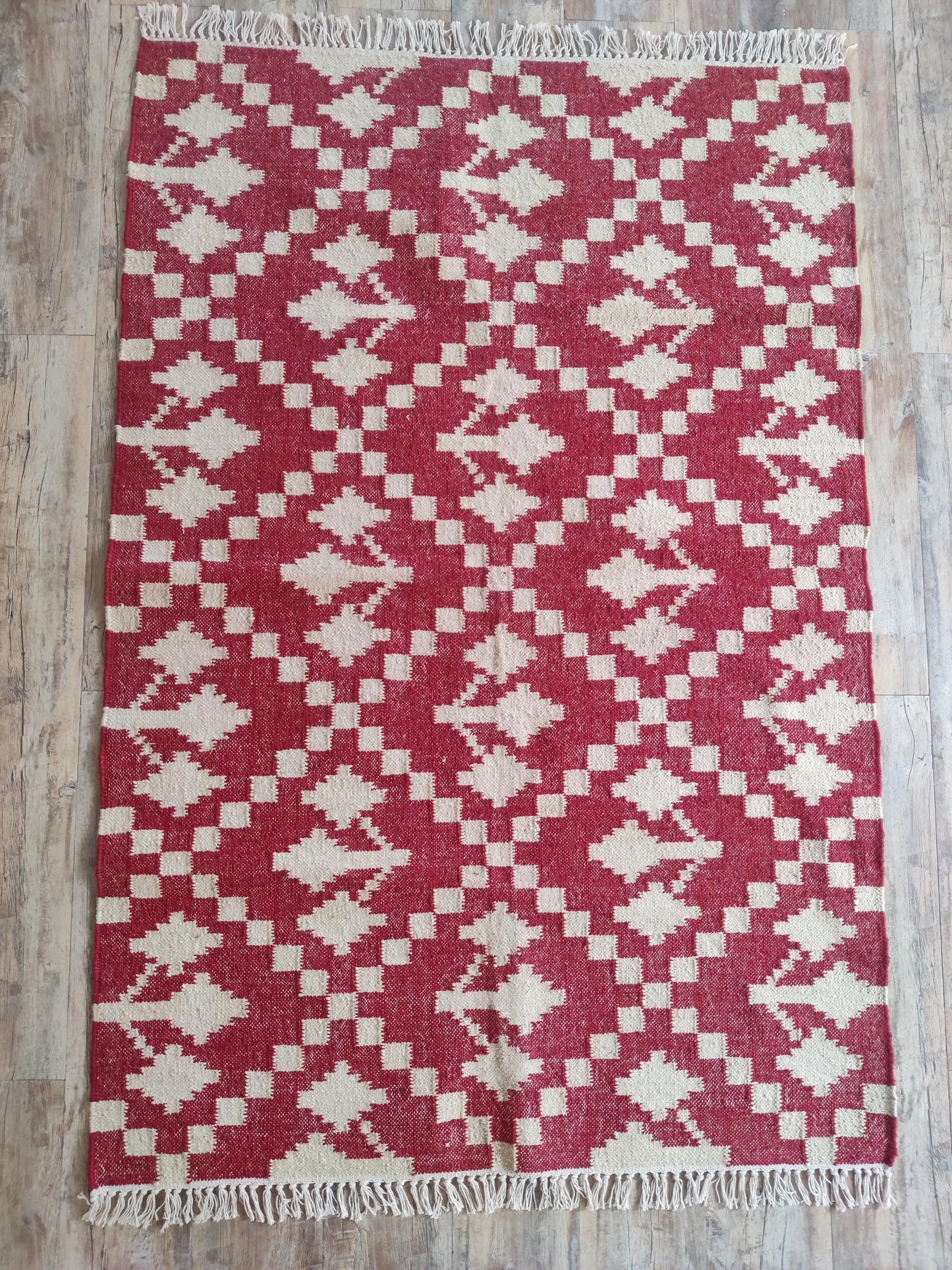 Handmade Red & White Geometric Rug