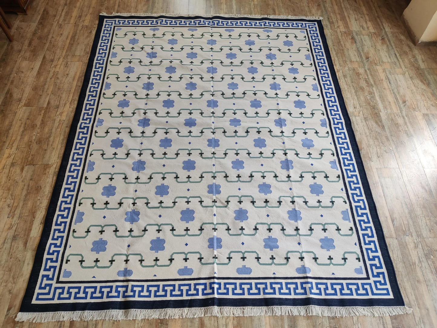 Marrakesh Meande Blue Greek Key Border Dhurrie