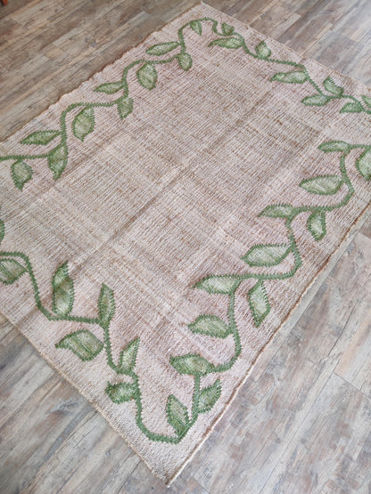 Green Leafy Vine Border Kilim Textured Natural Fiber Dhurrie
