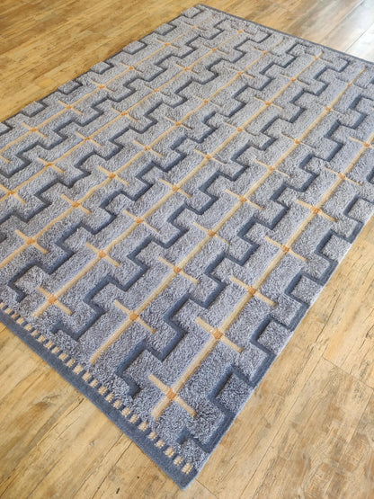 Slate Blue Interlocking Geometric Design - Modern High-Low Textured Area Carpet