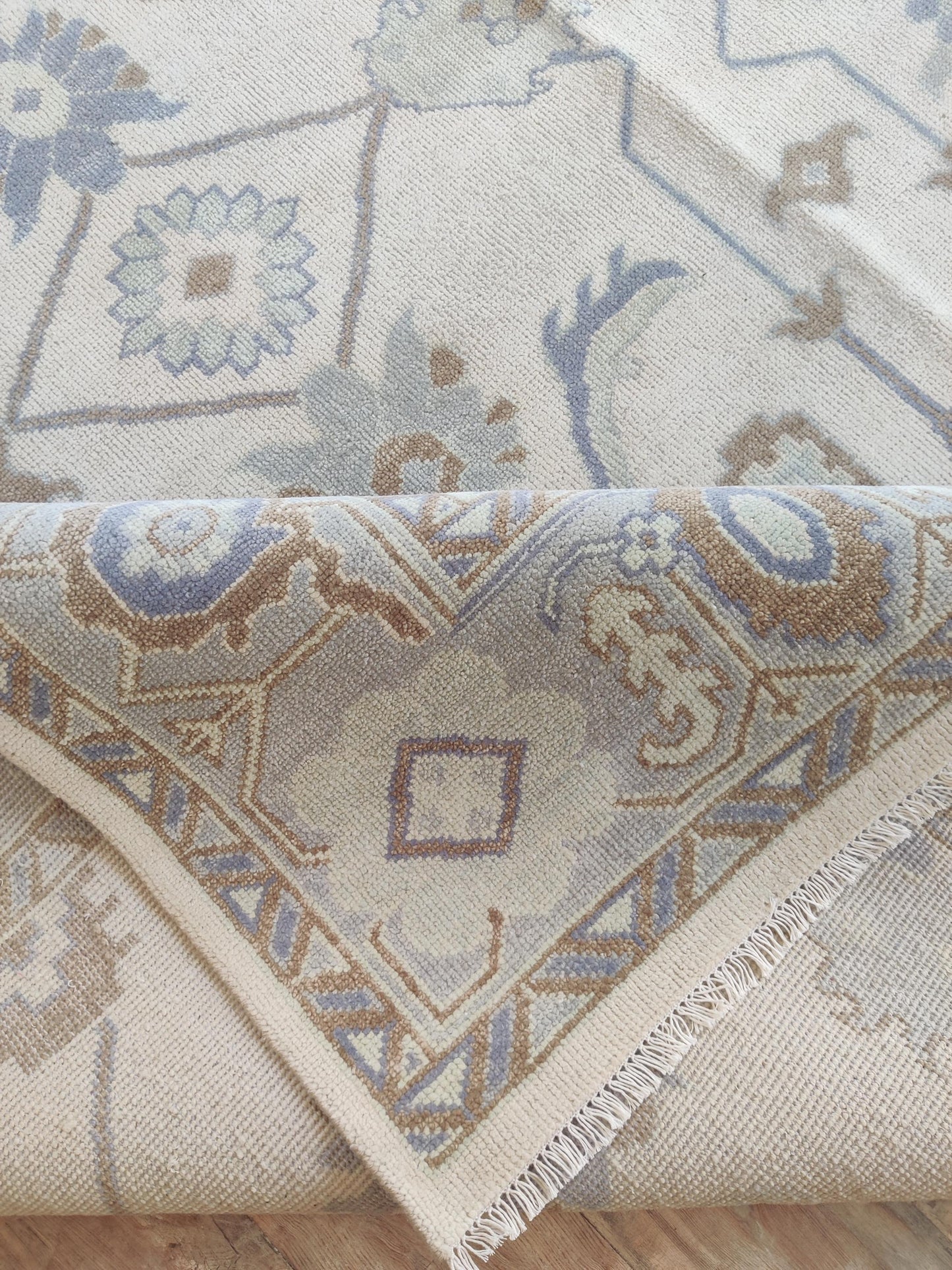 Soft Slate and Cream Hand-Knotted Botanical Rug