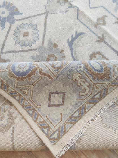 Soft Slate and Cream Hand-Knotted Botanical Rug