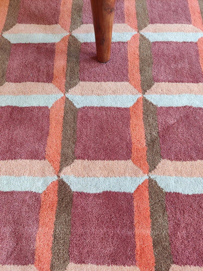 Abstract Red Orb & Checkered Pattern Thick Plush Pile Designer Carpet