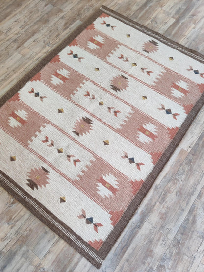 Terracotta Desert Rose Traditional Blush Pink & Cream Wool Cotton Dhurrie Rug