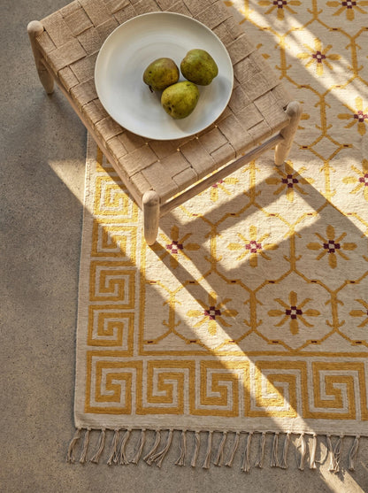 Yellow Greek Key Blossom Border Kilim Custom Size rug
